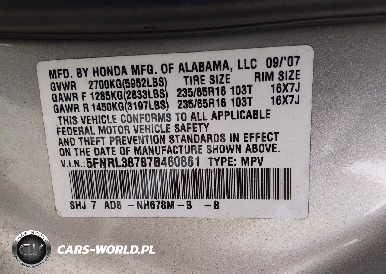 2007 Honda Odyssey Ex-L VIN:5FNRL38787B460861 - 9