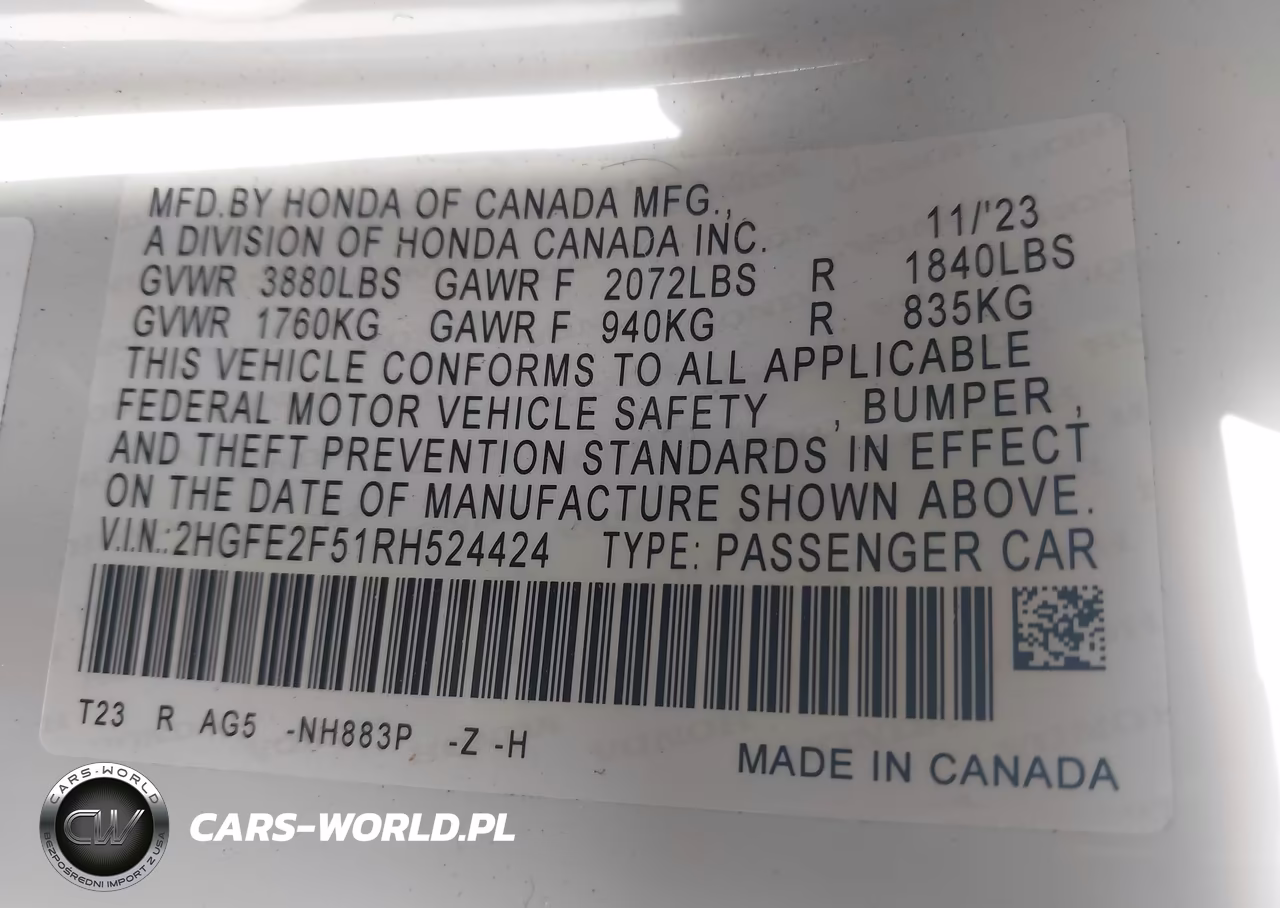 2024 Honda Civic Sport VIN:2HGFE2F51RH524424 - 9