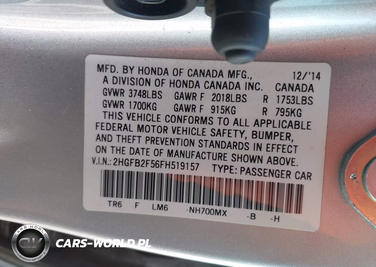 2015 Honda Civic Lx VIN:2HGFB2F56FH519157 - 9
