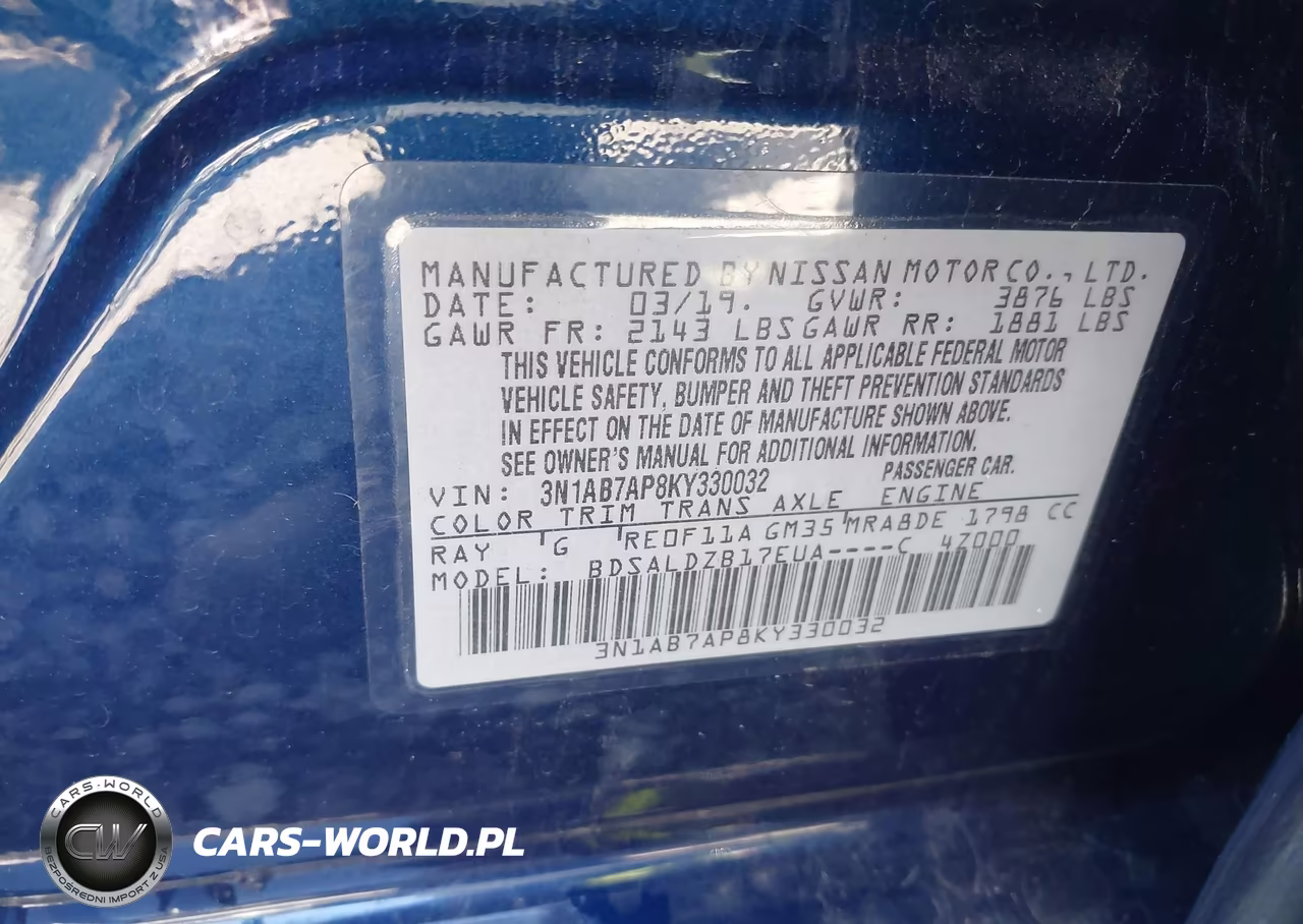 NISSAN SENTRA S VIN:3N1AB7AP8KY330032 - 9
