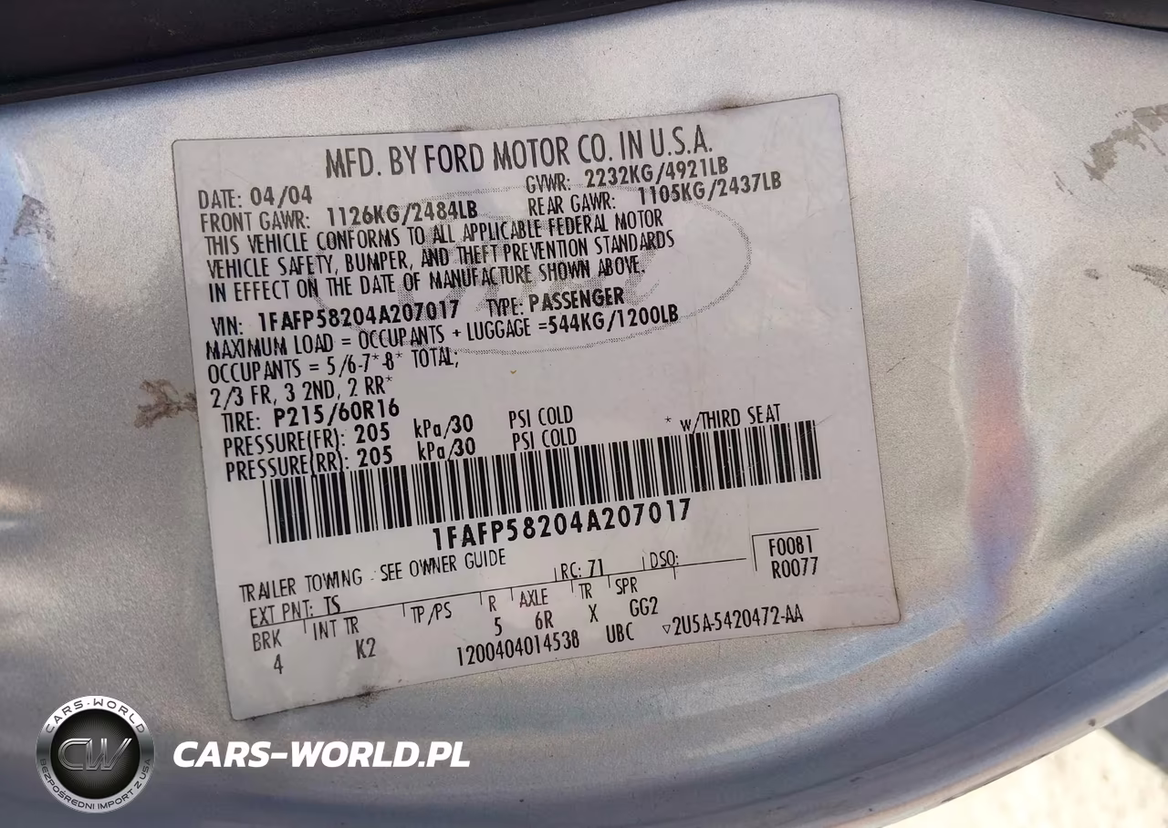 2004 Ford Taurus Se VIN:1FAFP58204A207017 - 9