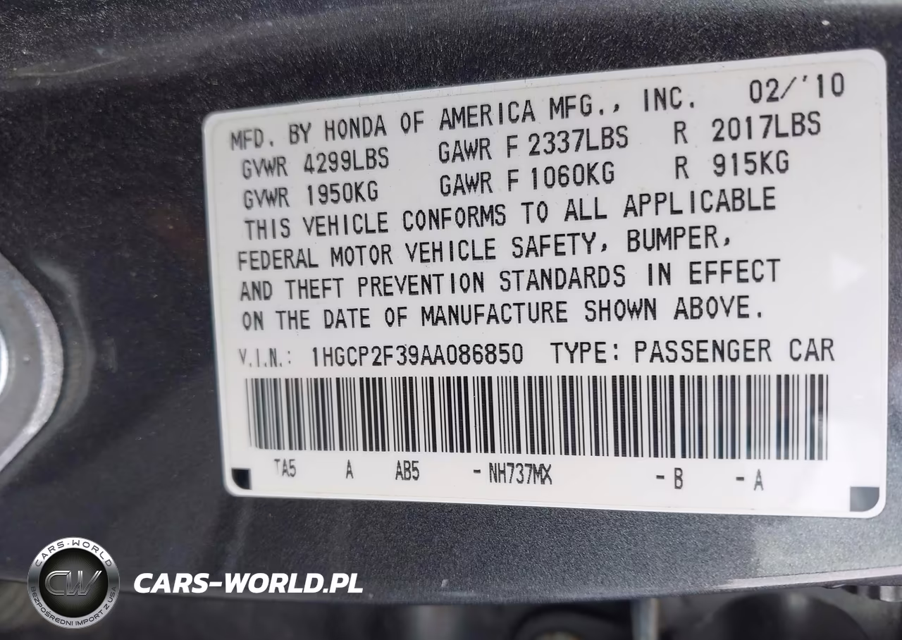 2010 Honda Accord 2.4 Lx VIN:1HGCP2F39AA086850 - 9