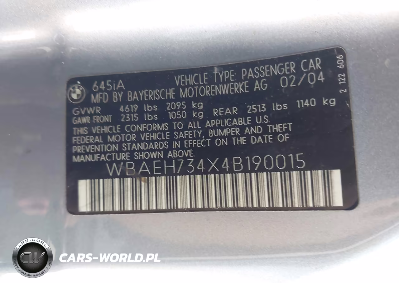 2004 BMW 645Ci VIN:WBAEH734X4B190015 - 9