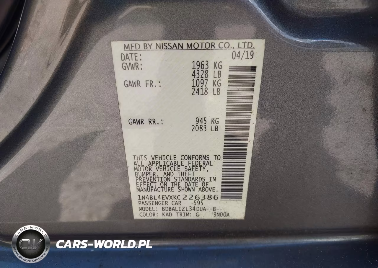 2019 Nissan Altima 2.5 Sl VIN:1N4BL4EVXKC226386 - 9