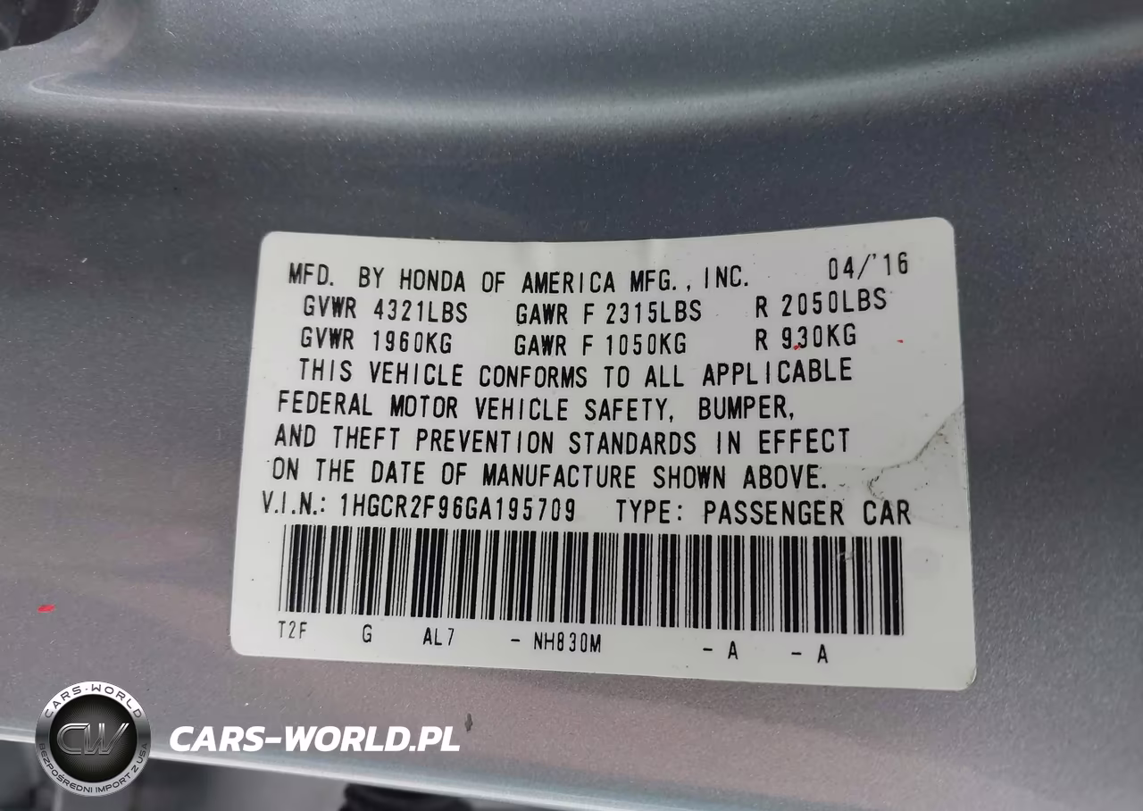 HONDA ACCORD EXL VIN:1HGCR2F96GA195709 - 9