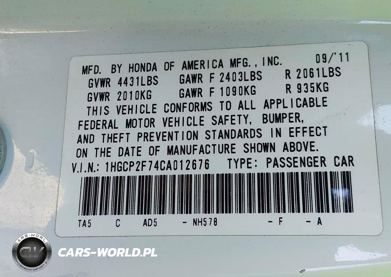 2012 Honda Accord 2.4 Ex VIN:1HGCP2F74CA012676 - 9