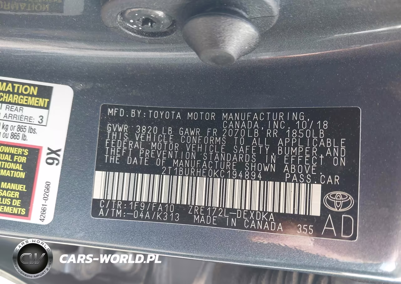 2019 Toyota Corolla L VIN:2T1BURHE0KC194894 - 9
