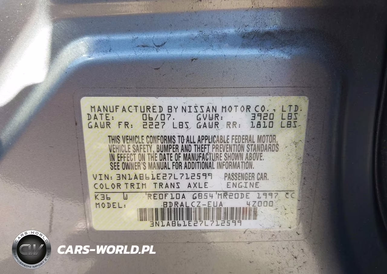 2007 Nissan Sentra 2.0 VIN:3N1AB61E27L712599 - 9