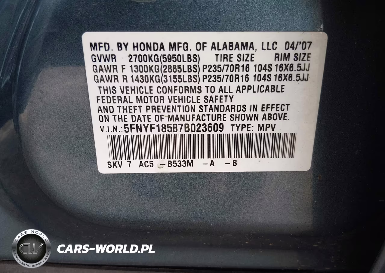 2007 Honda Pilot Ex-L VIN:5FNYF18587B023609 - 9