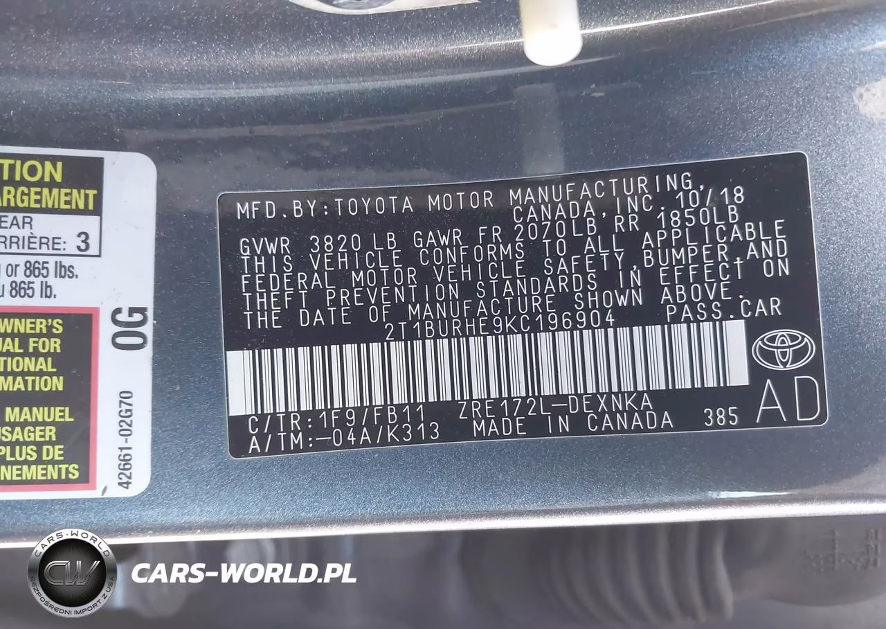 2019 Toyota Corolla Le VIN:2T1BURHE9KC196904 - 9