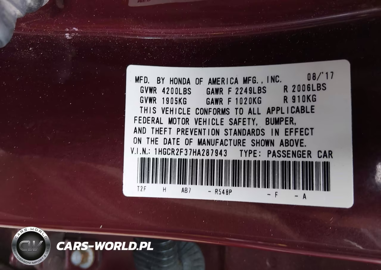 2017 Honda Accord Lx VIN:1HGCR2F37HA287943 - 9