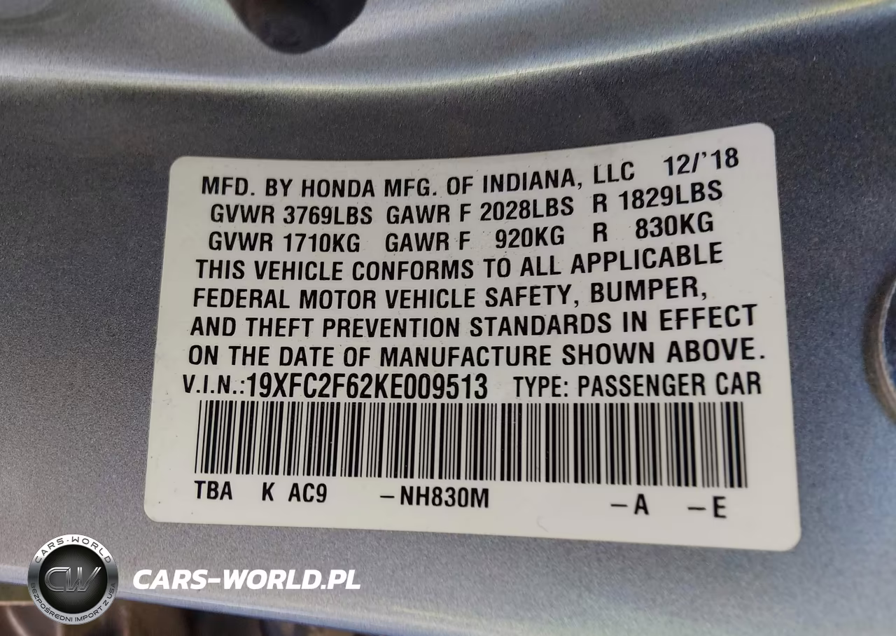 2019 Honda Civic Lx VIN:19XFC2F62KE009513 - 9