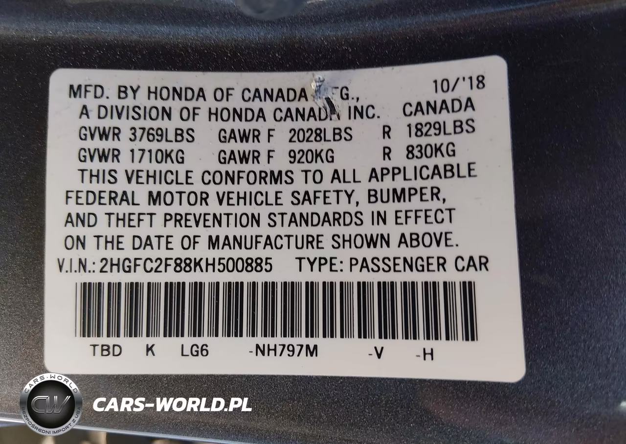 2019 Honda Civic Sport VIN:2HGFC2F88KH500885 - 9