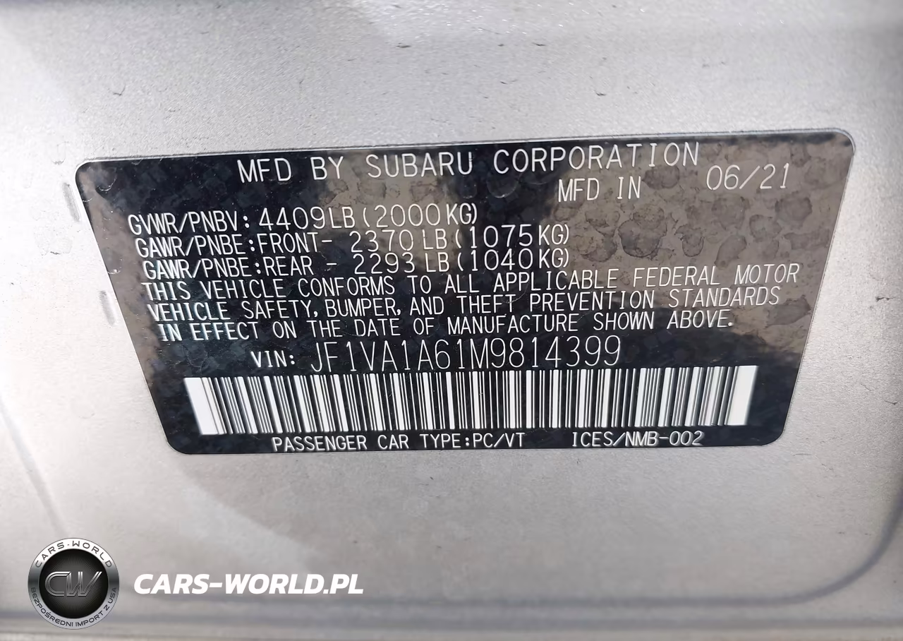 2021 Subaru Wrx VIN:JF1VA1A61M9814399 - 9