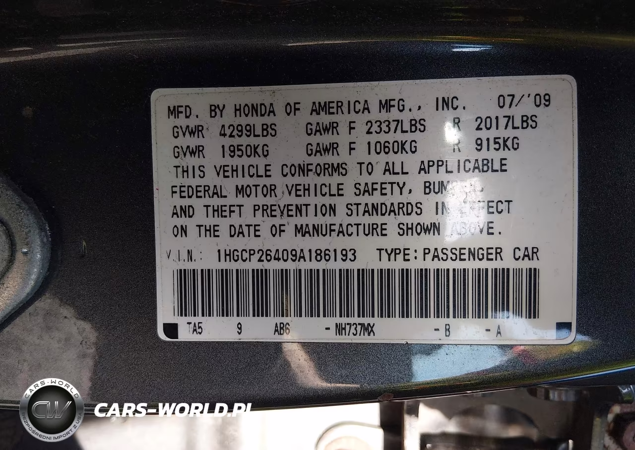 2009 Honda Accord 2.4 Lx-P VIN:1HGCP26409A186193 - 9