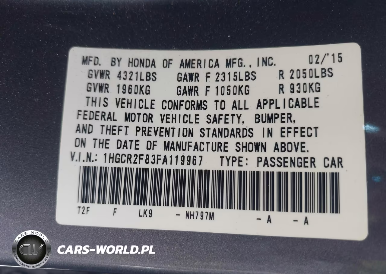 2015 Honda Accord Ex-L VIN:1HGCR2F83FA119967 - 9