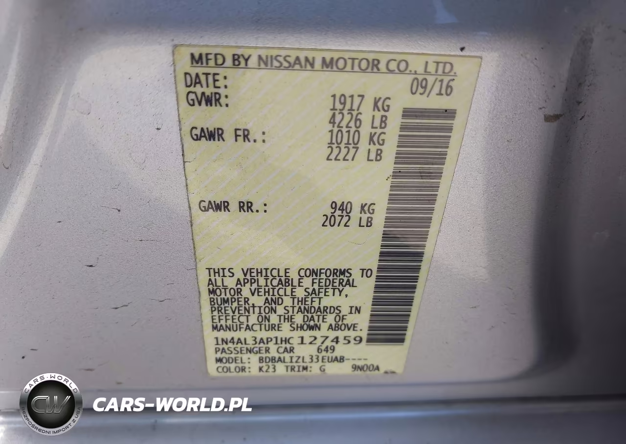 2017 Nissan Altima 2.5-2.5 S-2.5 Sl-2.5 Sr-2.5 Sv VIN:1N4AL3AP1HC127459 - 9