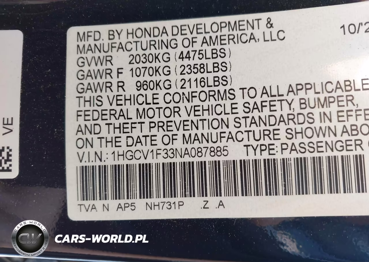 2022 Honda Accord Sport VIN:1HGCV1F33NA087885 - 9