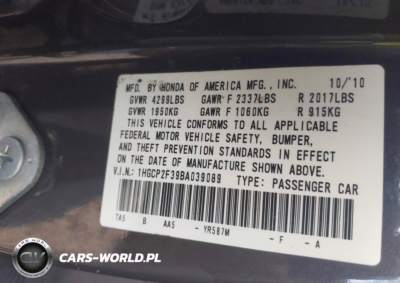 2011 Honda Accord 2.4 Lx VIN:1HGCP2F39BA039089 - 9