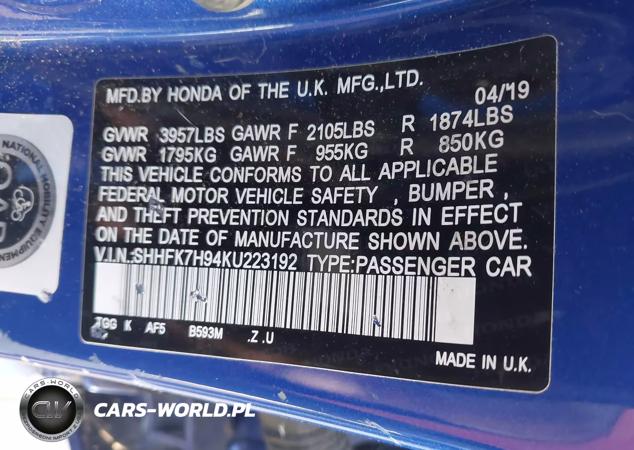 2019 Honda Civic Sport Touring VIN:SHHFK7H94KU223192 - 9