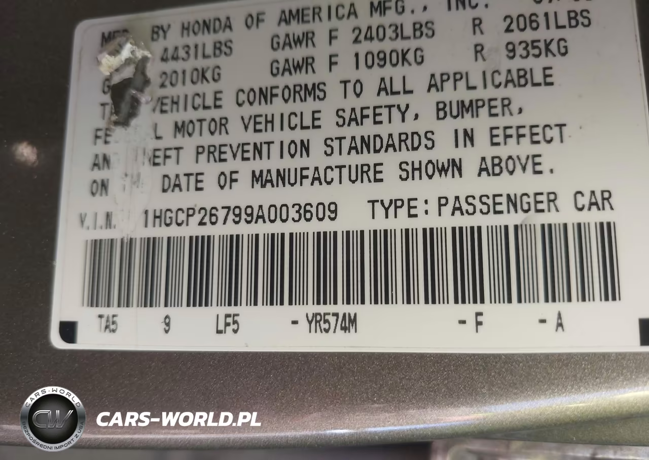 2009 Honda Accord 2.4 Ex VIN:1HGCP26799A003609 - 9