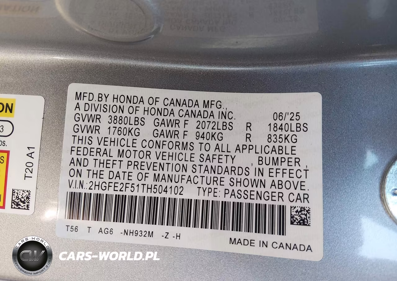 2026 Honda Civic Sport VIN:2HGFE2F51TH504102 - 9