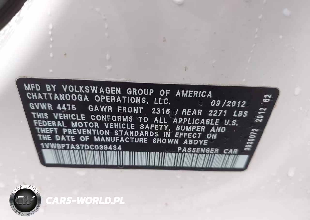 2013 Volkswagen Passat Se W-Sunroof VIN:1VWBP7A37DC039434 - 9