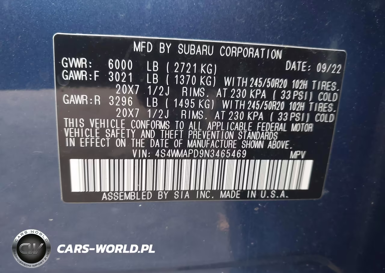 2022 Subaru Ascent Limited VIN:4S4WMAPD9N3465469 - 9