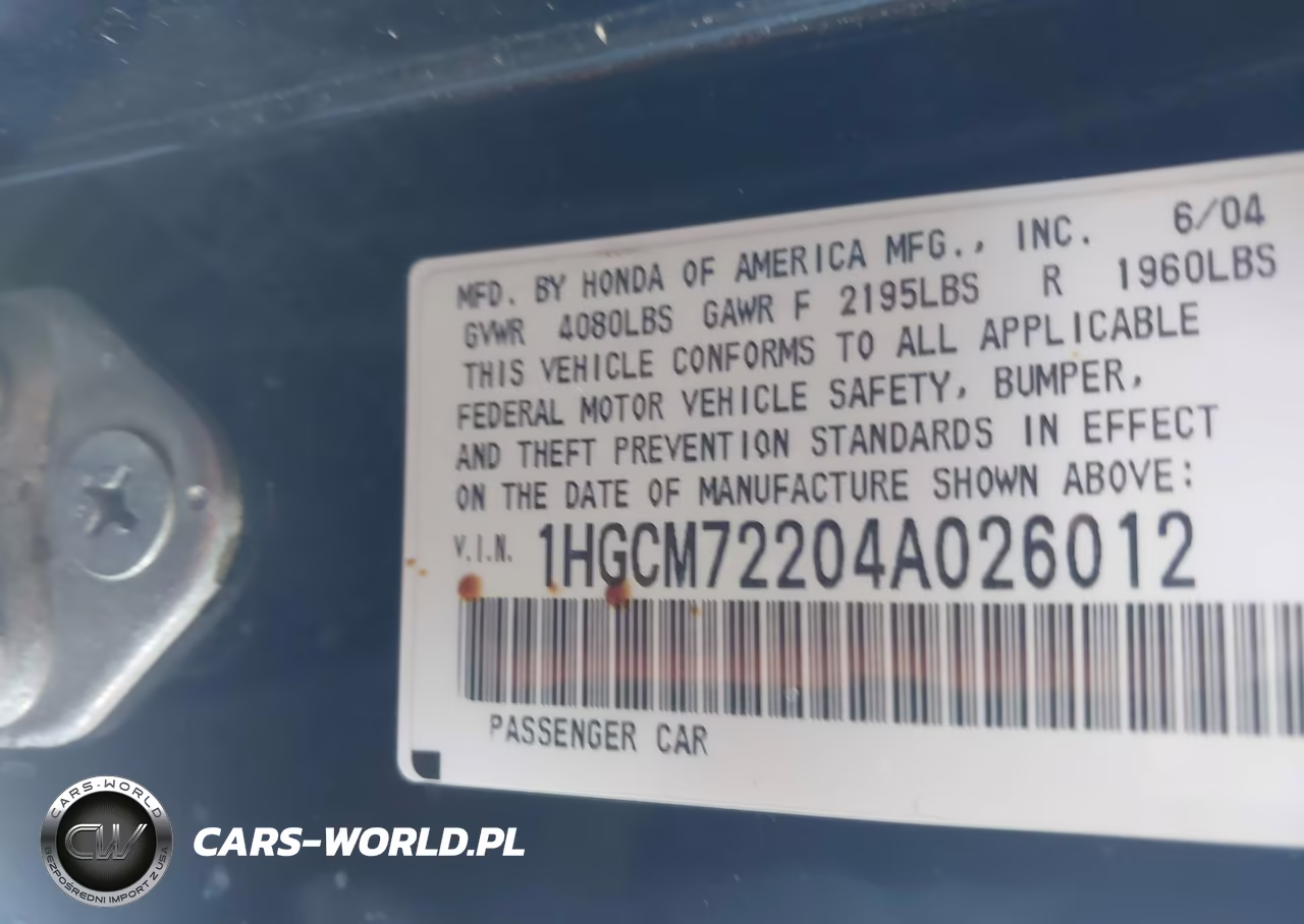 2004 Honda Accord 2.4 Lx VIN:1HGCM72204A026012 - 9