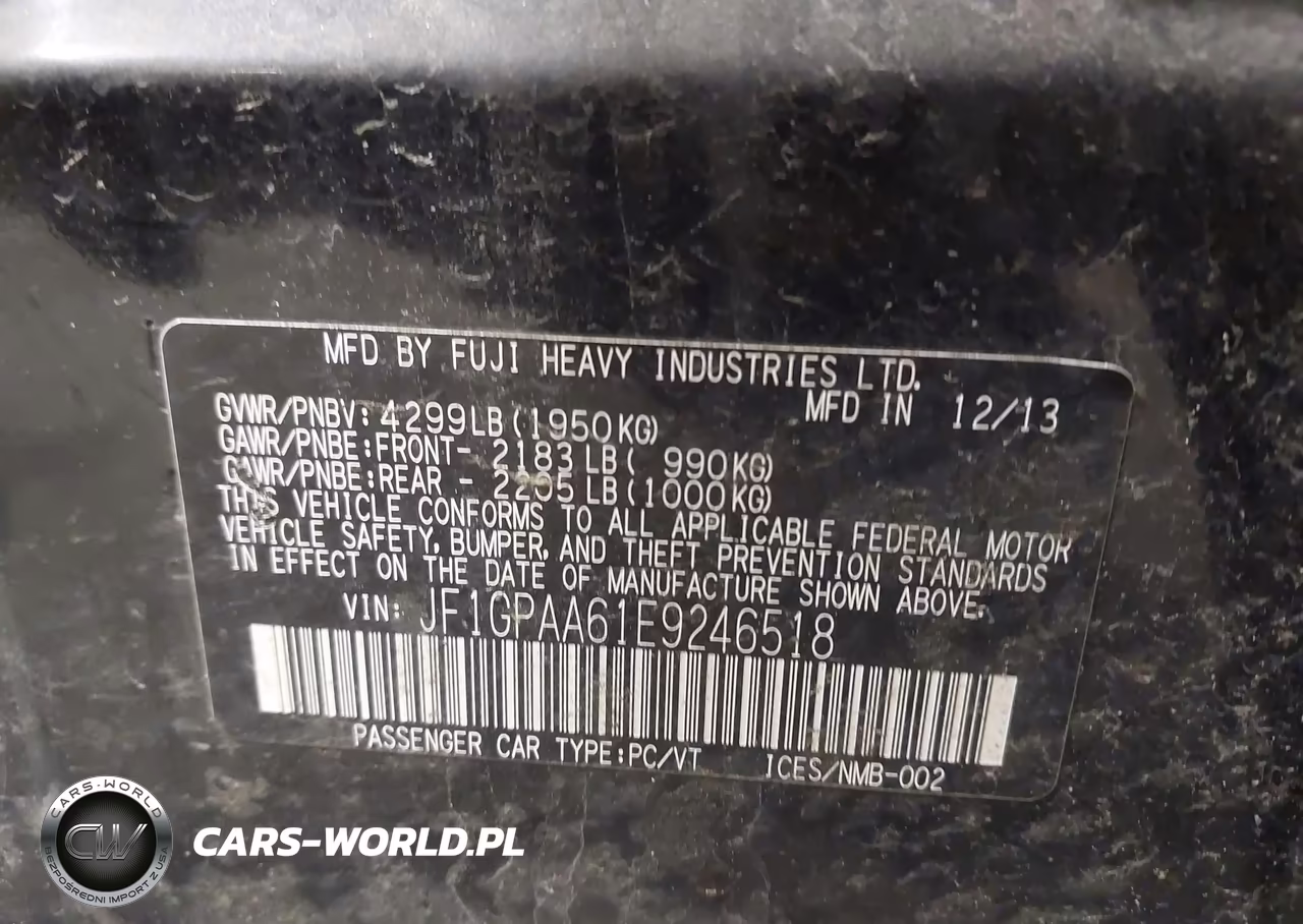 2014 Subaru Impreza 2.0I VIN:JF1GPAA61E9246518 - 9
