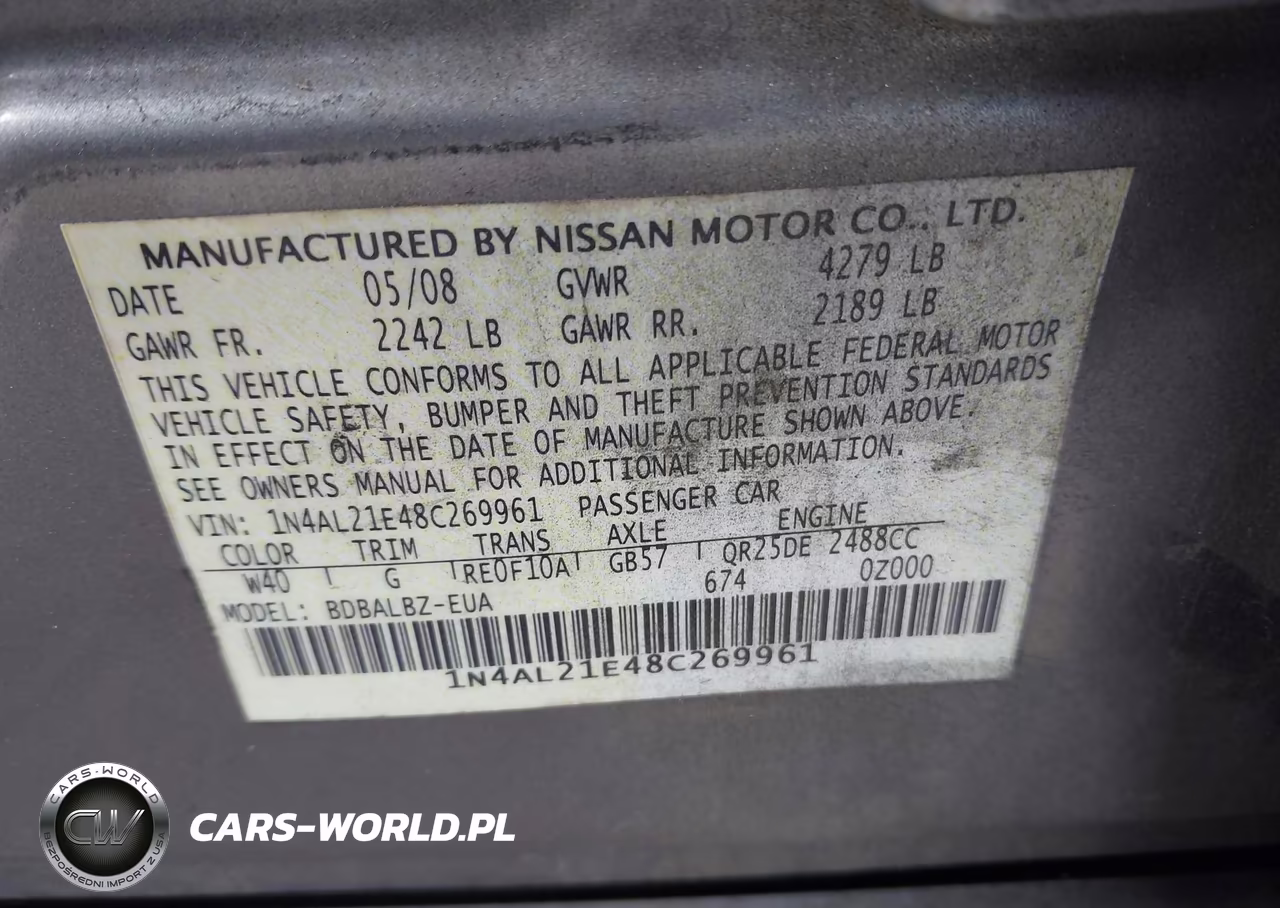 2008 Nissan Altima 2.5 S VIN:1N4AL21E48C269961 - 9