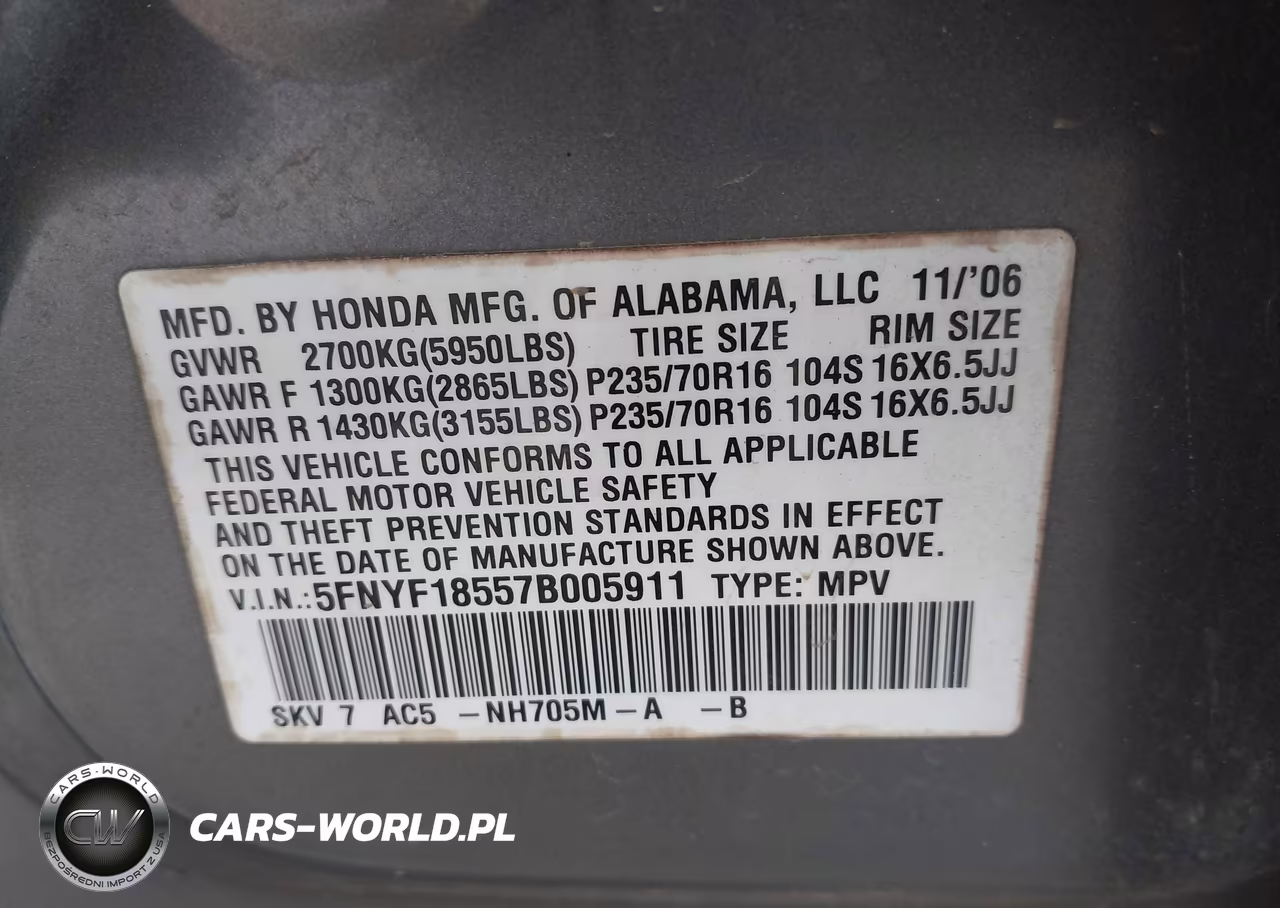 2007 Honda Pilot Ex-L VIN:5FNYF18557B005911 - 9