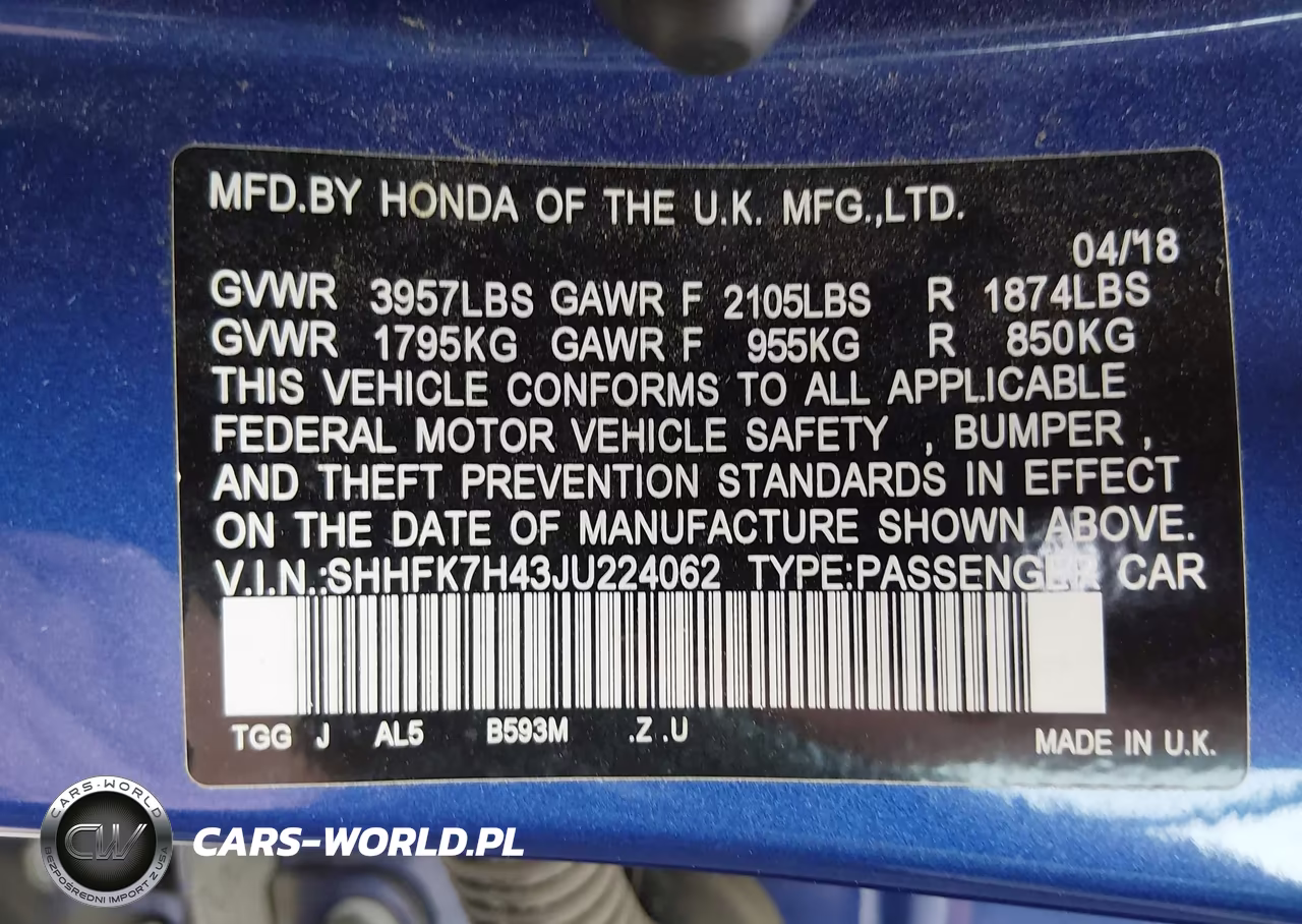 2018 Honda Civic Sport VIN:SHHFK7H43JU224062 - 9