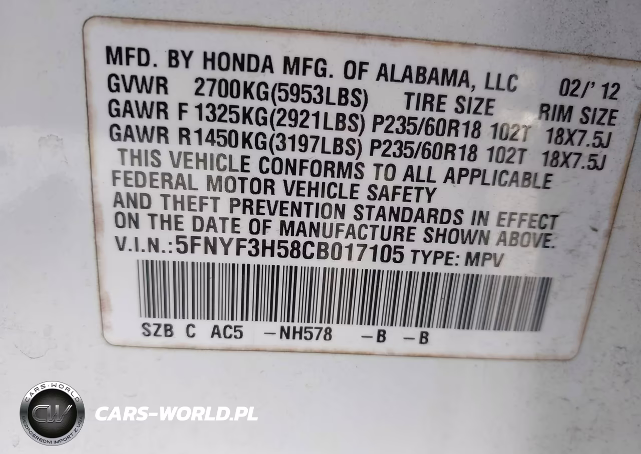 2012 Honda Pilot Ex-L VIN:5FNYF3H58CB017105 - 9