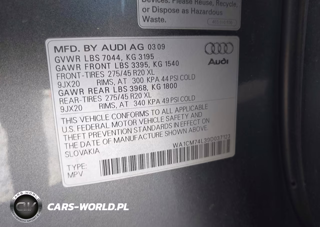 2009 Audi Q7 3.0 Tdi VIN:WA1CM74L39D037123 - 9