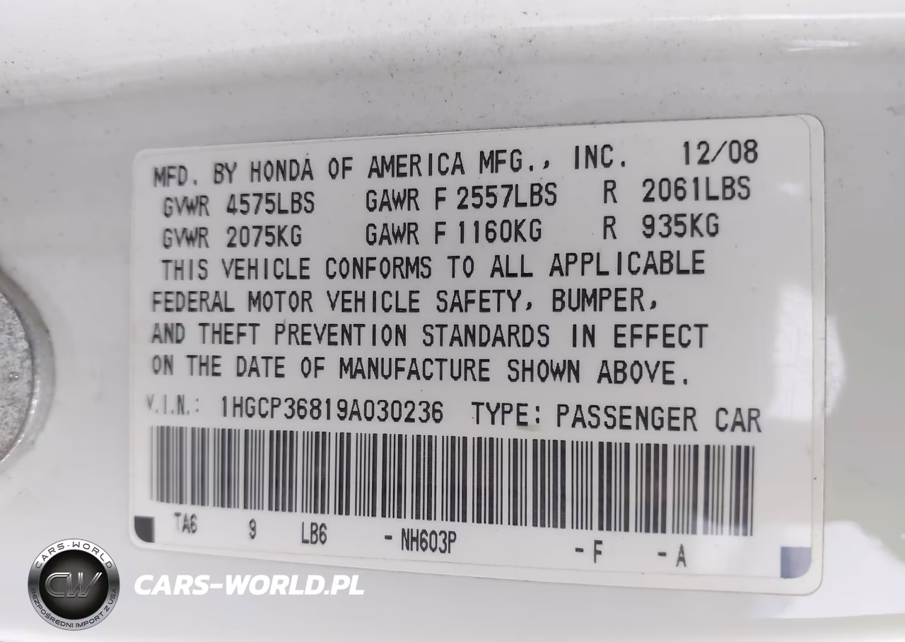 2009 Honda Accord Sdn Ex-L VIN:1HGCP36819A030236 - 9