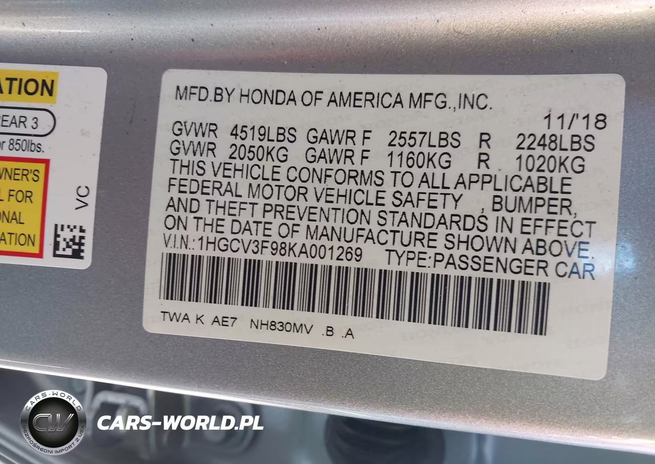 2019 Honda Accord Hybrid Touring VIN:1HGCV3F98KA001269 - 9