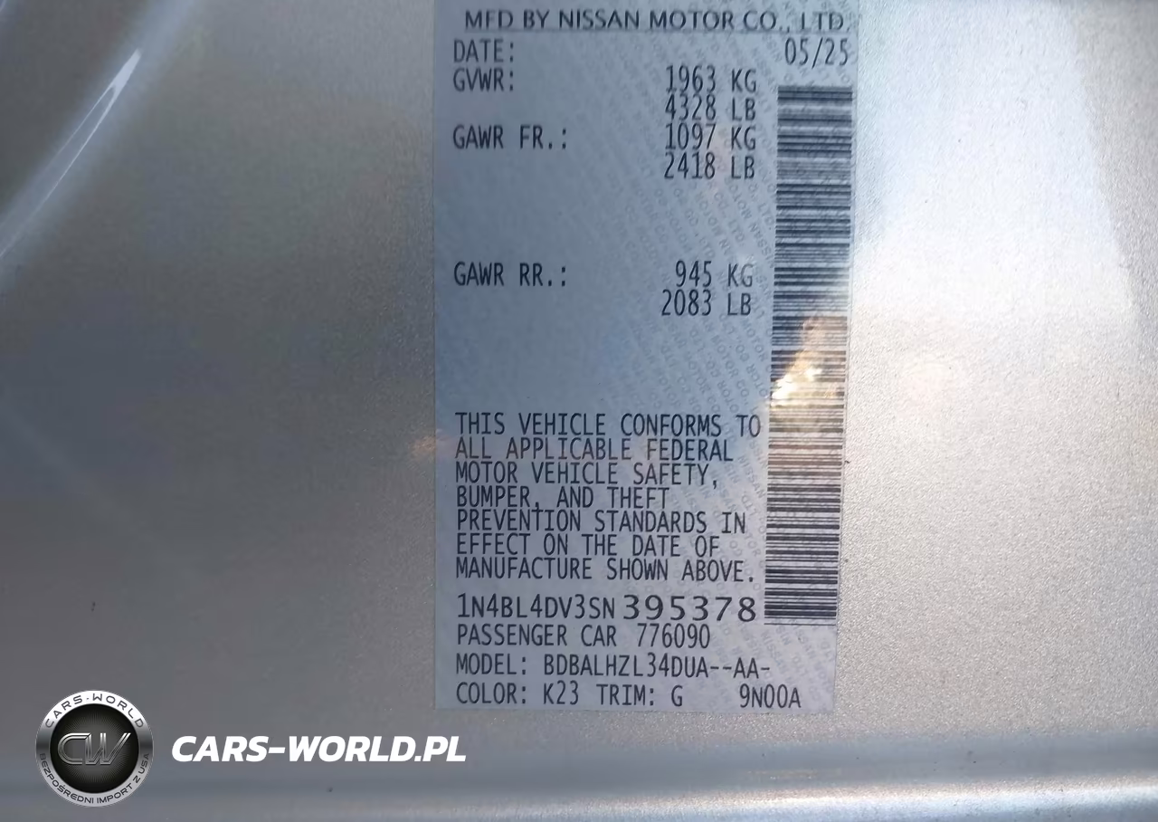 2025 Nissan Altima Sv Fwd VIN:1N4BL4DV3SN395378 - 9