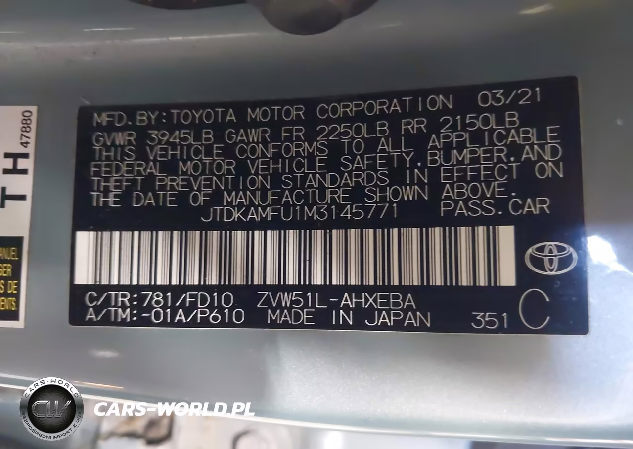 2021 Toyota Prius Le VIN:JTDKAMFU1M3145771 - 9