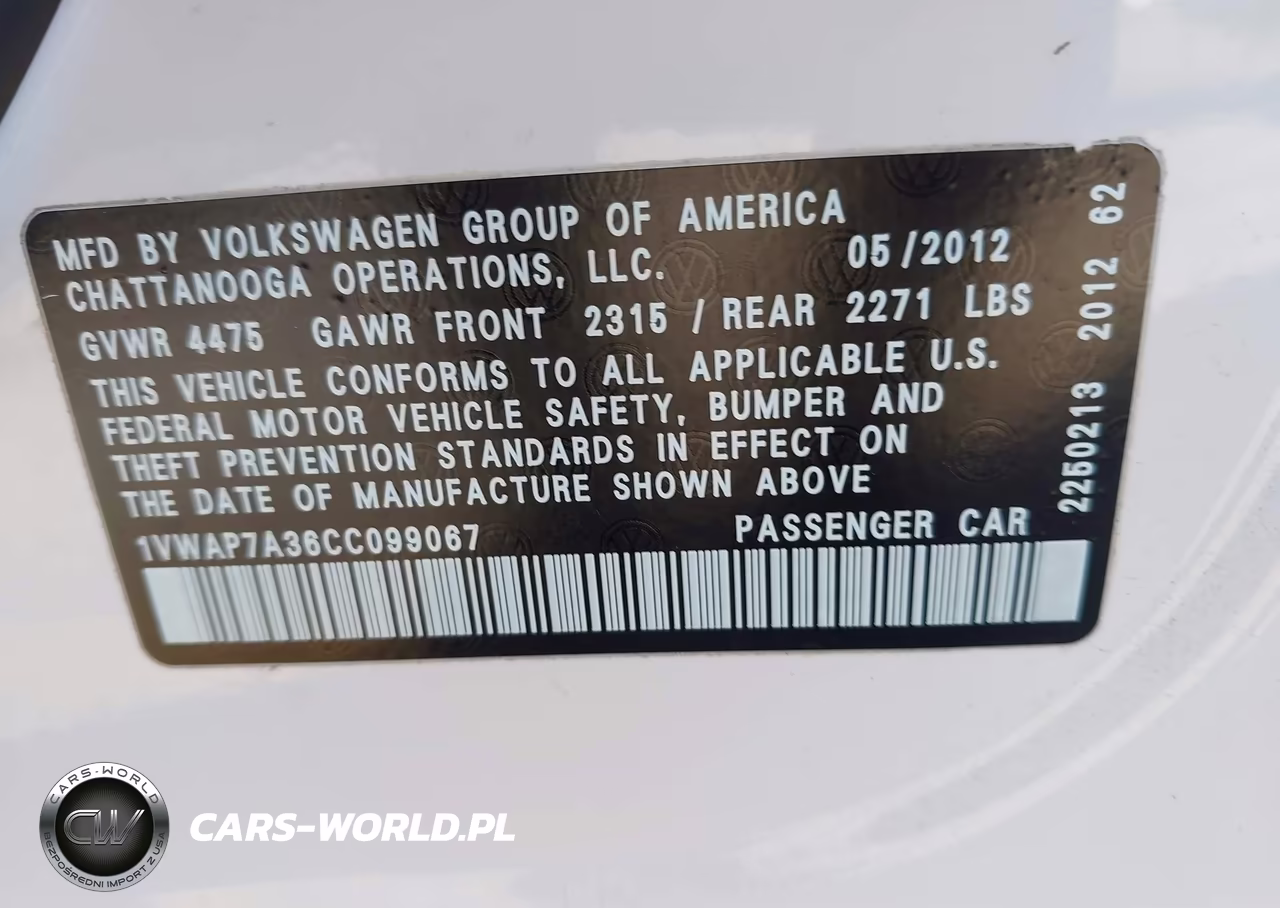 2012 Volkswagen Passat 2.5L S VIN:1VWAP7A36CC099067 - 9