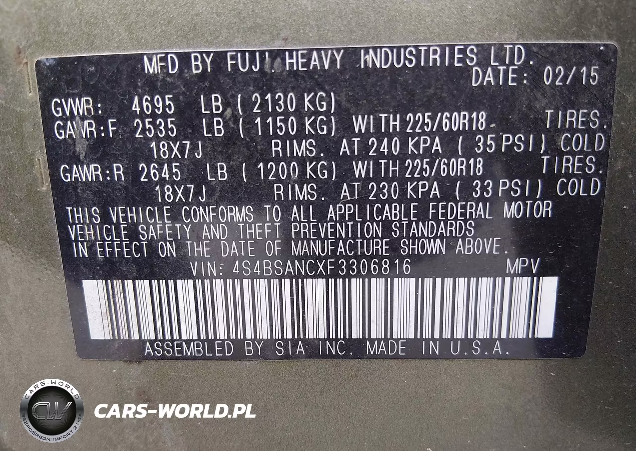 2015 Subaru Outback 2.5I Limited VIN:4S4BSANCXF3306816 - 9