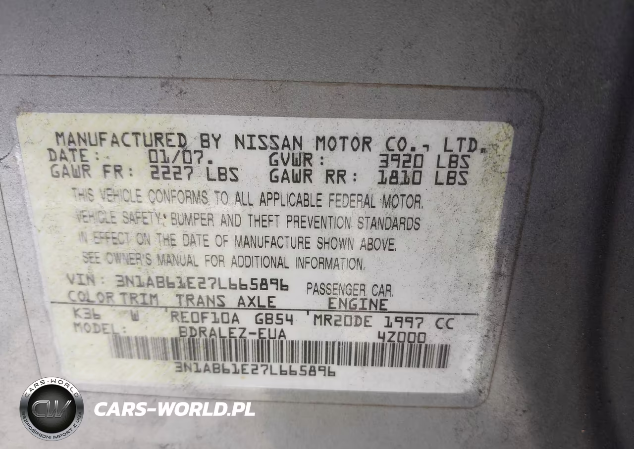2007 Nissan Sentra 2.0S VIN:3N1AB61E27L665896 - 9
