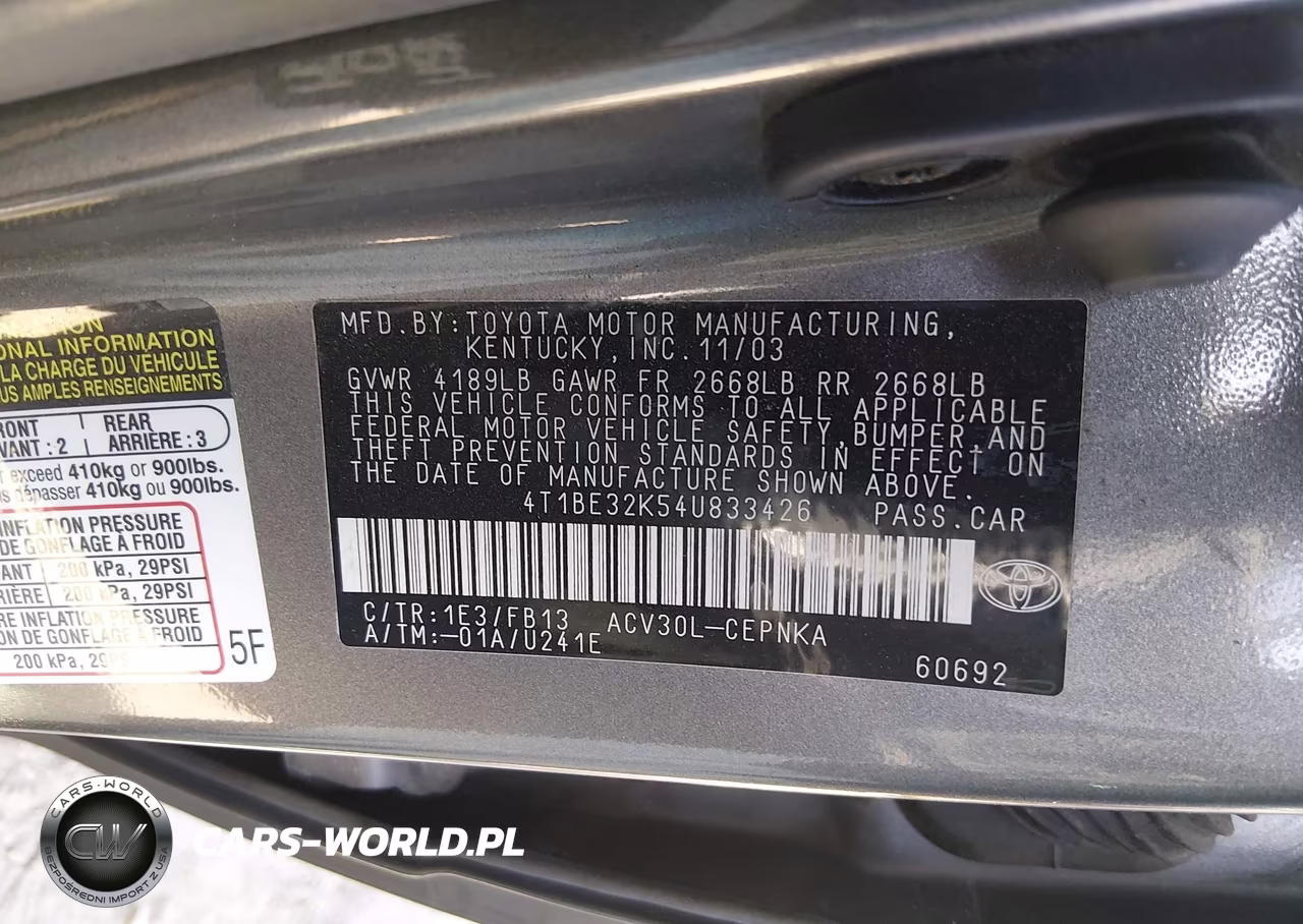 2004 Toyota Camry Le VIN:4T1BE32K54U833426 - 9