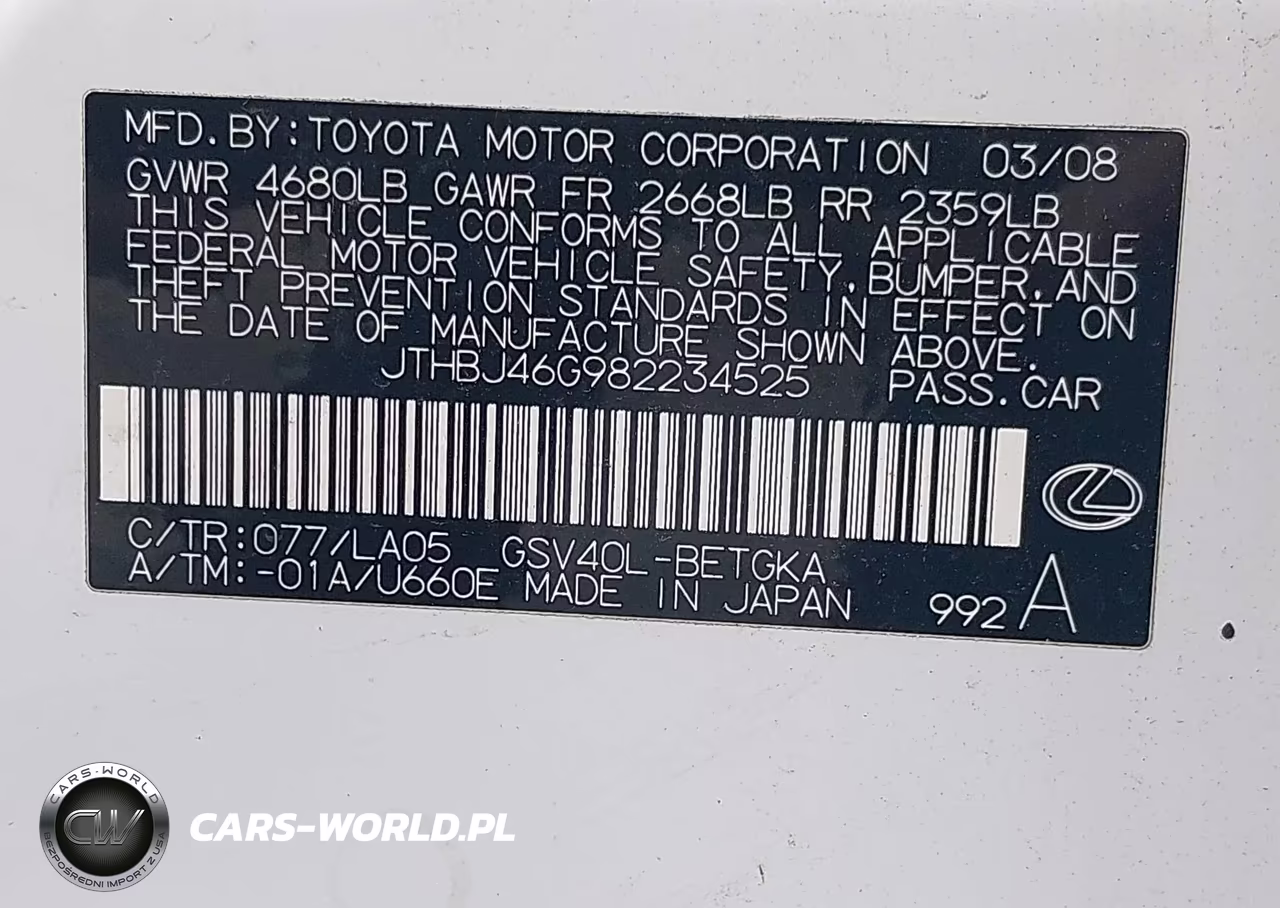2008 Lexus Es 350 VIN:JTHBJ46G982234525 - 9
