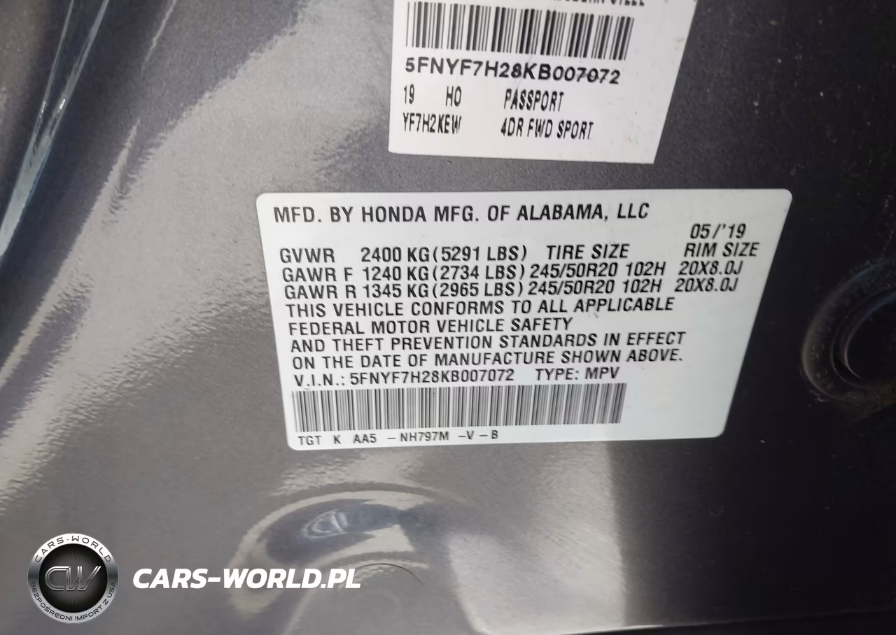 2019 Honda Passport Sport VIN:5FNYF7H28KB007072 - 9