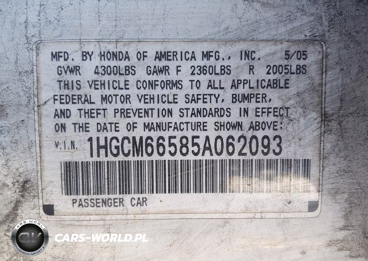 2005 Honda Accord 3.0 Ex VIN:1HGCM66585A062093 - 9