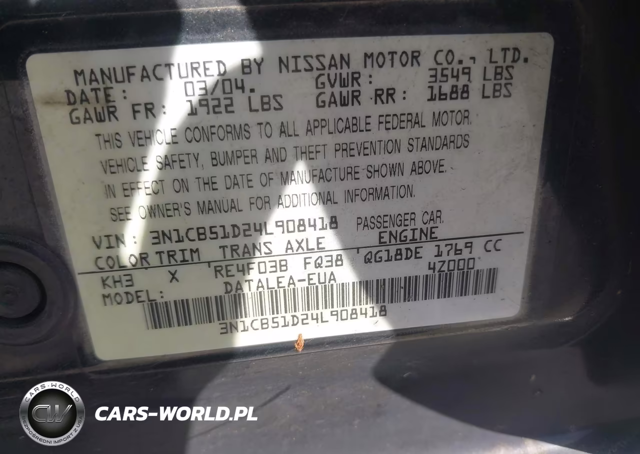 2004 Nissan Sentra 1.8-1.8S VIN:3N1CB51D24L908418 - 9