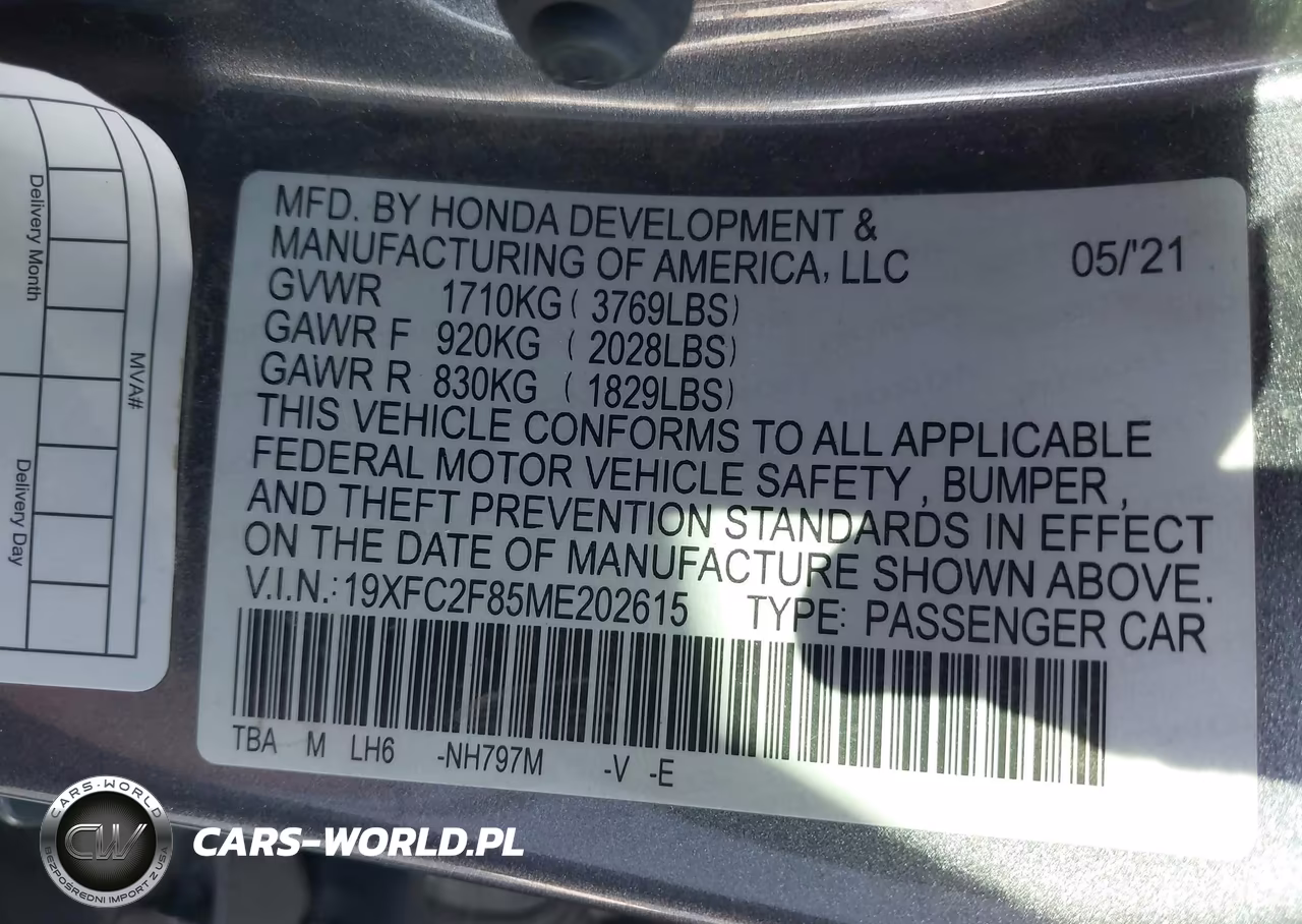 2021 Honda Civic Sport VIN:19XFC2F85ME202615 - 9