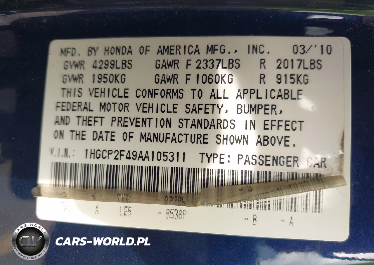 2010 Honda Accord 2.4 Lx-P VIN:1HGCP2F49AA105311 - 9