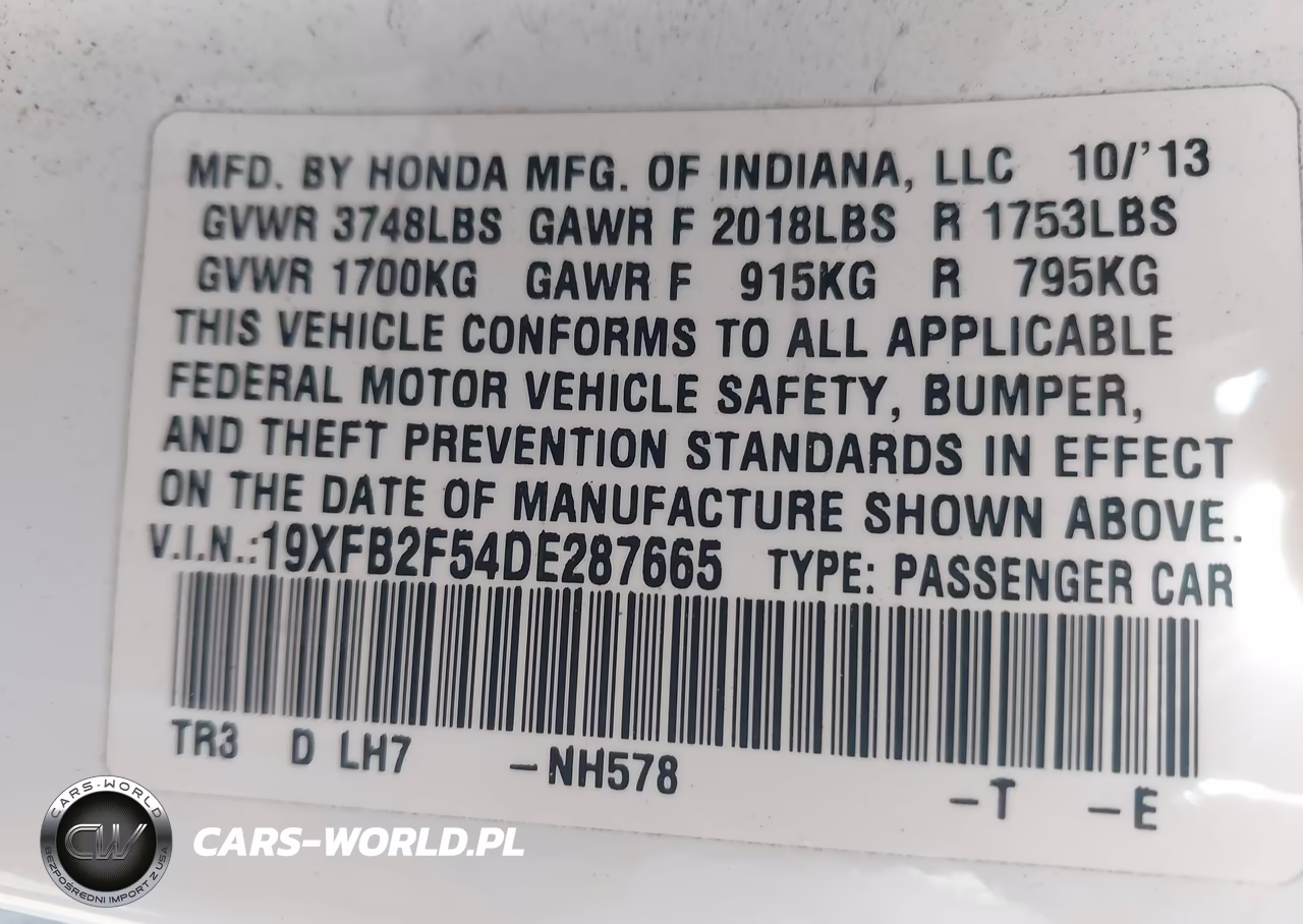2013 Honda Civic Lx VIN:19XFB2F54DE287665 - 9